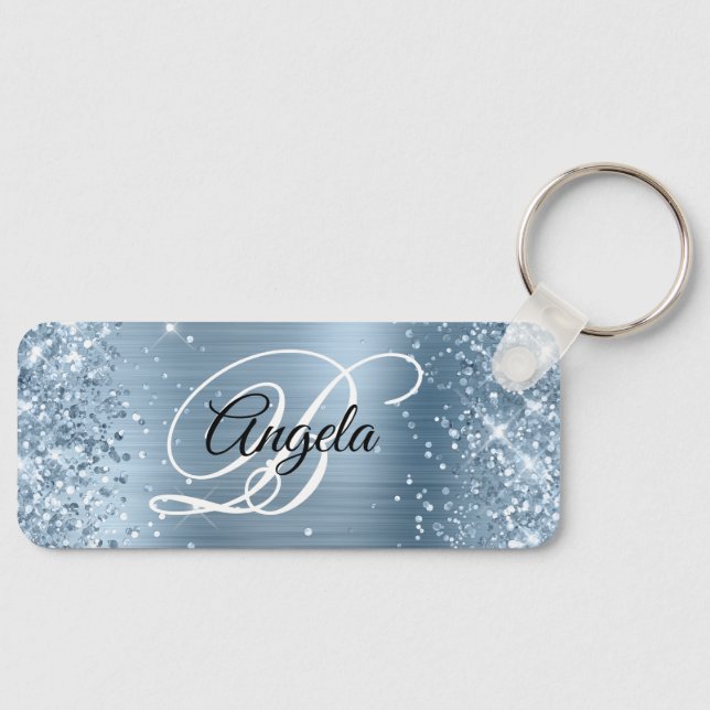 Porte-clés Pailleté bleu clair feuille métallisée monogramme  (Recto)