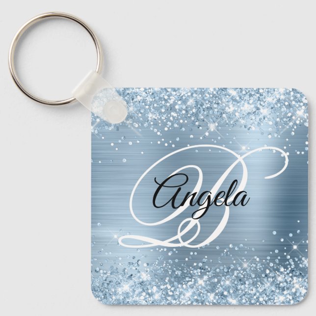 Porte-clés Pailleté bleu clair métallisé monogramme fantaisie (Recto)