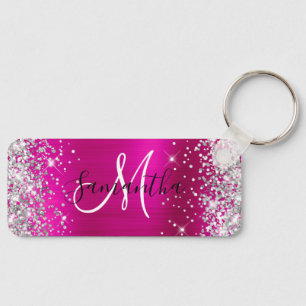 Porte-clés Paillettes Rose Chaud Monogramme Mince Horizontal