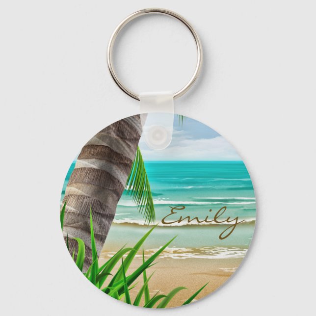 Porte-clés Palmiers tropicaux Beach Island Personnalisé (Recto)