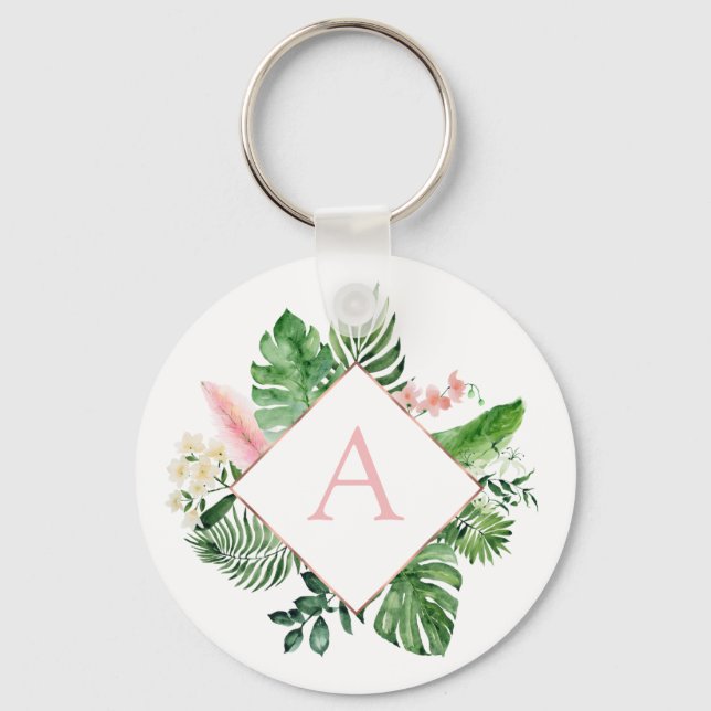 Porte-clés Palmiers tropicaux Mariage rose clair Monogramme (Recto)