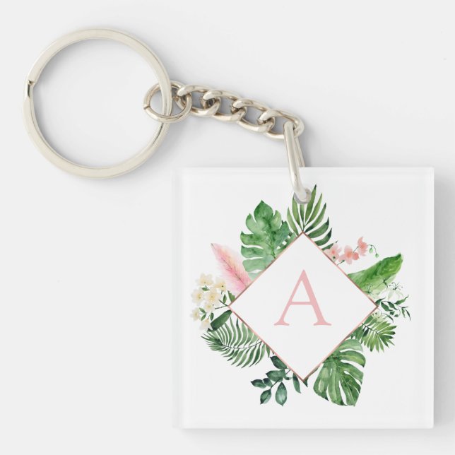 Porte-clés Palmiers tropicaux Mariage rose clair Monogramme (Devant)