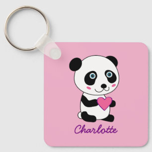 Porte-clés Panda mignonne avec un coeur rose Nom personnalisé