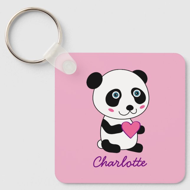 Porte-clés Panda mignonne avec un coeur rose Nom personnalisé (Recto)