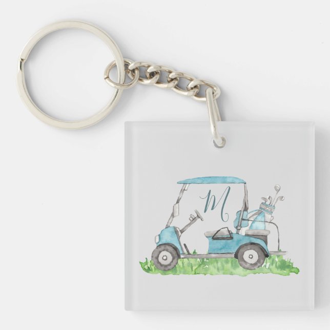Porte-clés Panier de golf bleu aquarelle Monogramme (Devant)