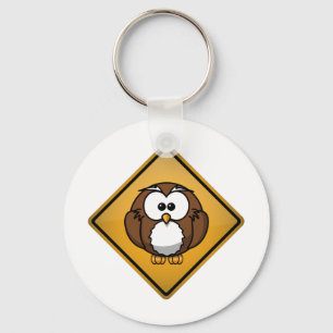 Porte-clés Panneau d'avertissement de hibou de bande dessiné