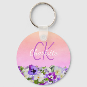 Porte-clés Pansies florales violet rose monogramme nom script