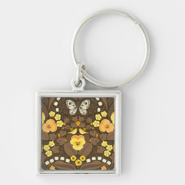 Porte-clés Pansies jaunes, oiseaux et papillons (Devant)