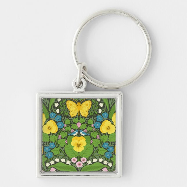 Porte-clés Pansies jaunes, oiseaux et papillons (Devant)