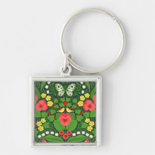 Porte-clés Pansies rouges, oiseaux et papillons