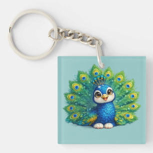 Porte-clés Paon mignon avec grand yeux dessin d'oiseau Kawaii