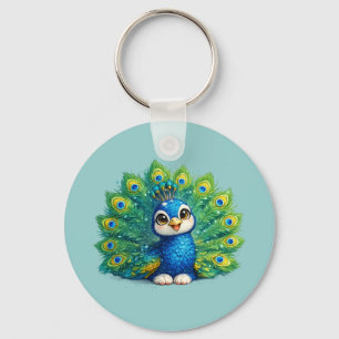 Porte-clés Paon mignon avec grand yeux dessin d'oiseau Kawaii