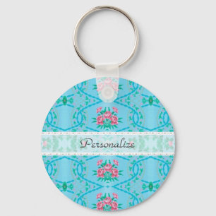 Porte-clés Papier peint rose et bleu vintage avec le nom