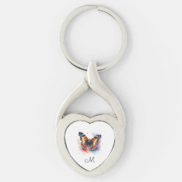 Porte-clés Papillon Amiral Rouge Monogramme Initial en Aquare