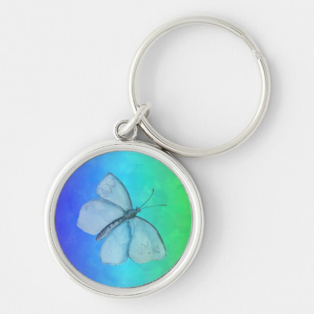 Porte-clés Papillon bleu pâle sur Argent Arrière - plan bleu (Devant)