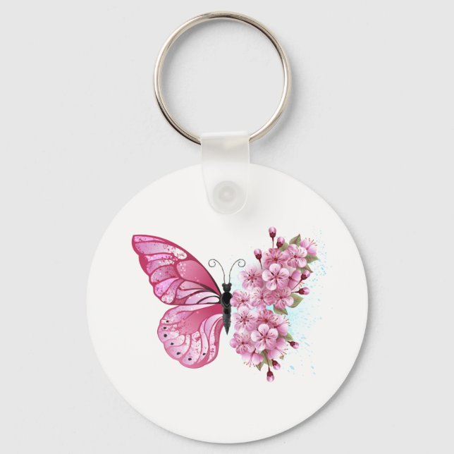 Porte-clés Papillon de fleurs avec Sakura rose (Recto)