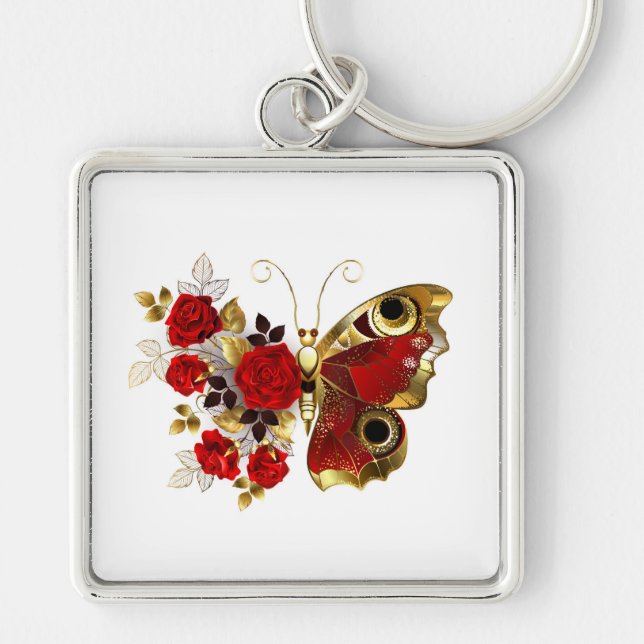 Porte-clés Papillon de fleurs rouges aux roses rouges (Devant)