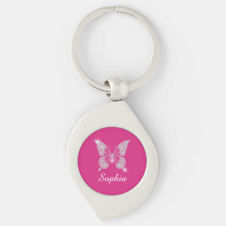 Porte-clés Papillon Diamant Blanc, Nom en écriture, Fuchsia