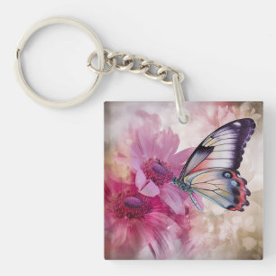 Porte-clés Papillon Dreamy aux fleurs roses