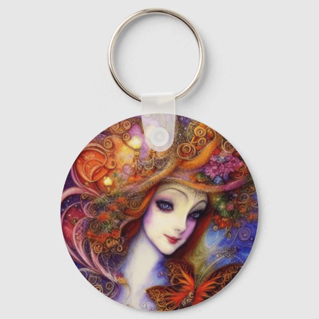 Porte-clés Papillon Et Déesse De Jardin En Aquarelle Blues (Recto)