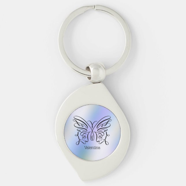 Porte-clés Papillon holographique bleu violet à monogramme et (Devant)