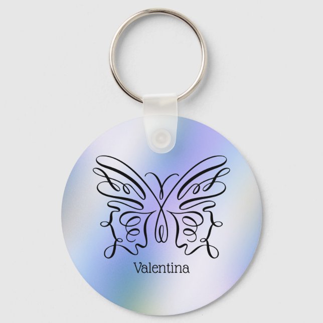 Porte-clés Papillon holographique bleu violet avec monogramme (Recto)