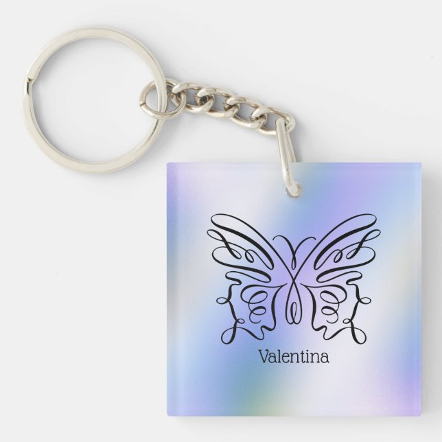 Porte-clés Papillon Holographique Bleu Violet Monogramme Nom (Devant)