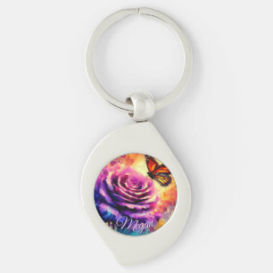 Porte-clés Papillon Monarch sur Rose au Coucher de Soleil Per
