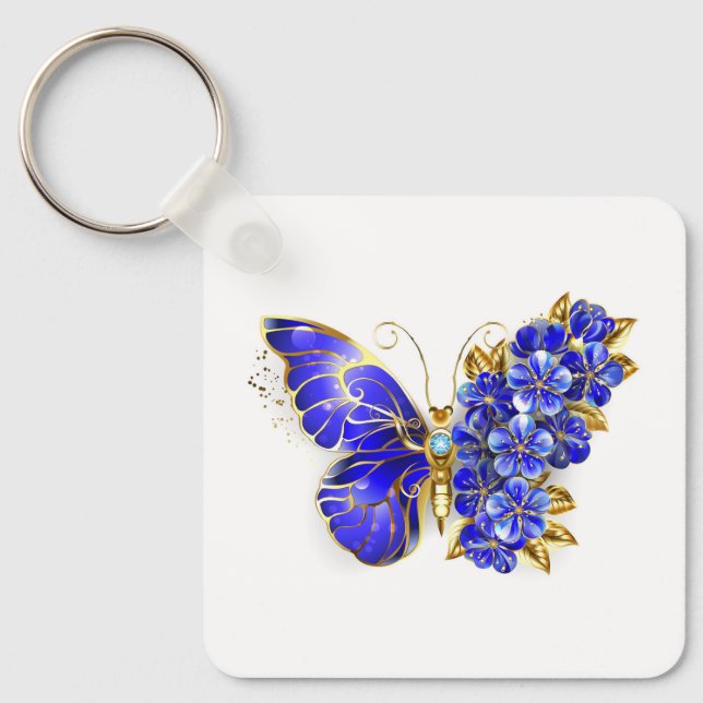 Porte-clés Papillon saphir à fleurs (Recto)