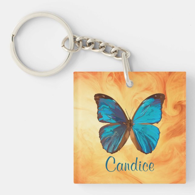 Porte-clés Papillon Tropical bleu et turquoise couleur Gem (Devant)
