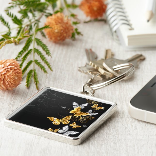 Porte-clés Papillons blancs et dorés (Côté)