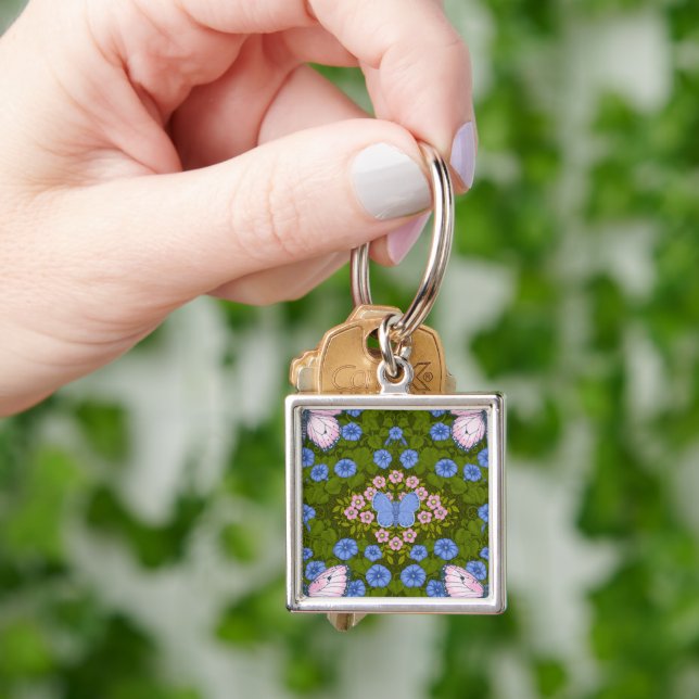 Porte-clés Papillons et symétrie des fleurs, bleu et rose (main)