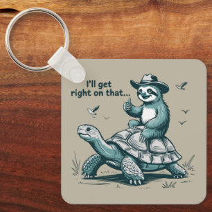 Porte-clés Paresseux à Cheval sur une Tortue Humour Je M'y Me