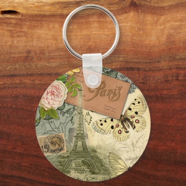 Porte-clés Paris France Art Antique Collage Eiffel Français (Recto)