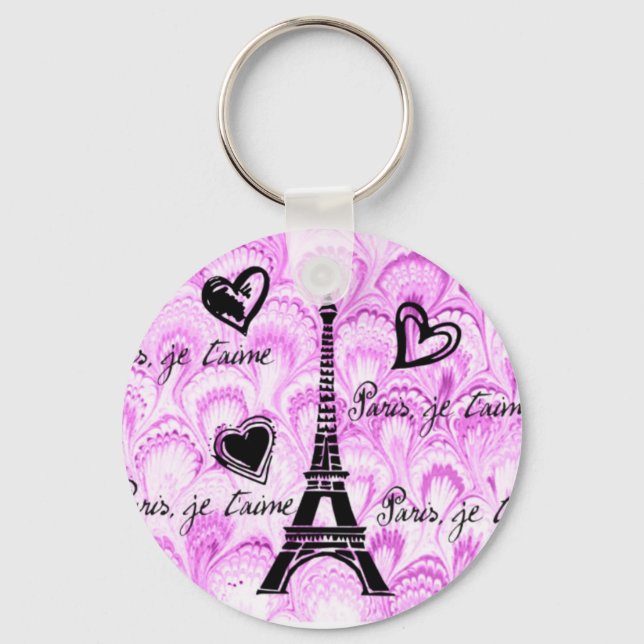 Porte-clés Paris, je t'aime en aquarelle rose (Recto)