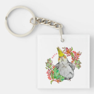 Porte-clés Parrot Corella mignonne dans les fleurs tropicales