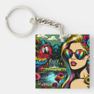 Porte-clés Parrot mignonne et belle femme dans le jardin