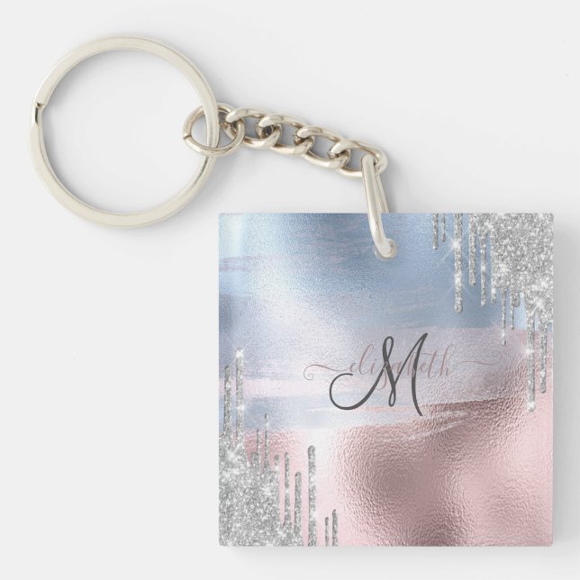 Porte-clés Parties scintillant argent gouttes Rose bleu métal (Devant)