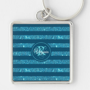 Porte-clés Parties scintillant bleue Turquoise moderne Monogr