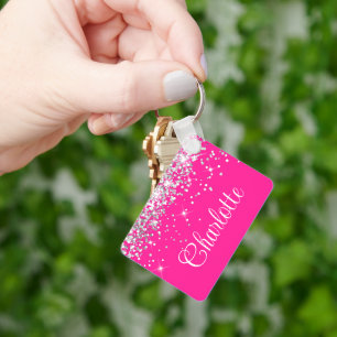 Porte-clés Parties scintillant d'argent et monogramme rose ch