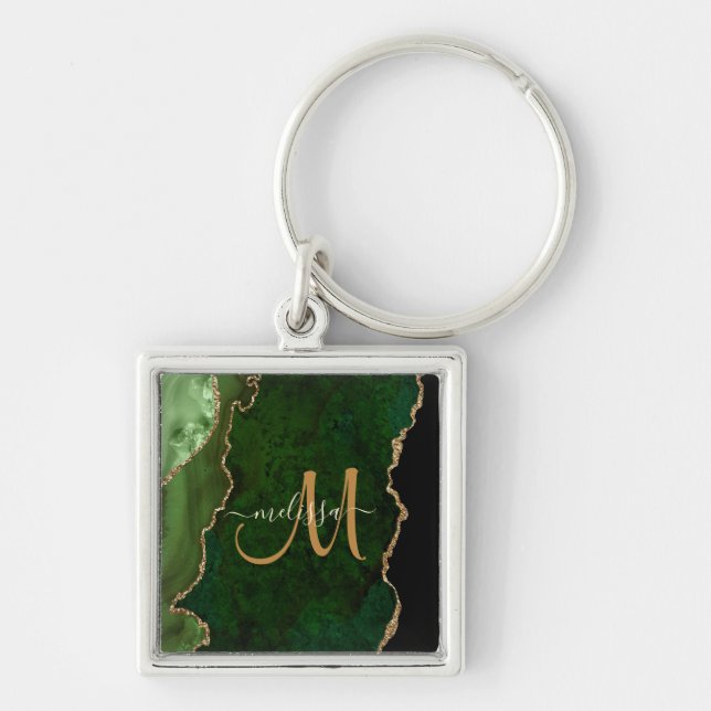 Porte-clés Parties scintillant d'or vert chic Agate Monogramm (Devant)