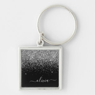 Porte-clés Parties scintillant noire argent Script Monogramme