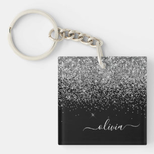Porte-clés Parties scintillant noire argent Script Monogramme