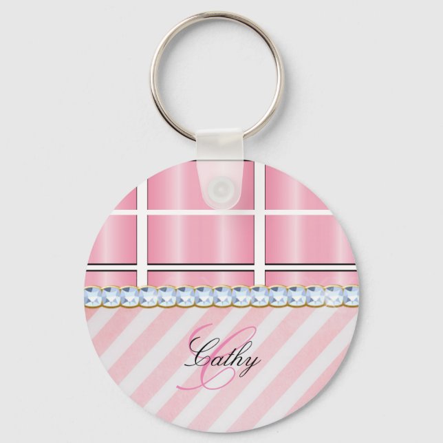 Porte-clés Parties scintillant rose Chevron Plaid Rhinestones (Recto)
