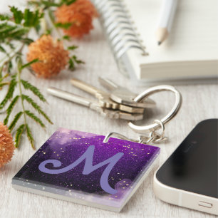 Porte-clés parties scintillant violet foncé monogrammé