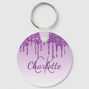 Porte-clés Parties scintillant violet gouttes monogramme nom 