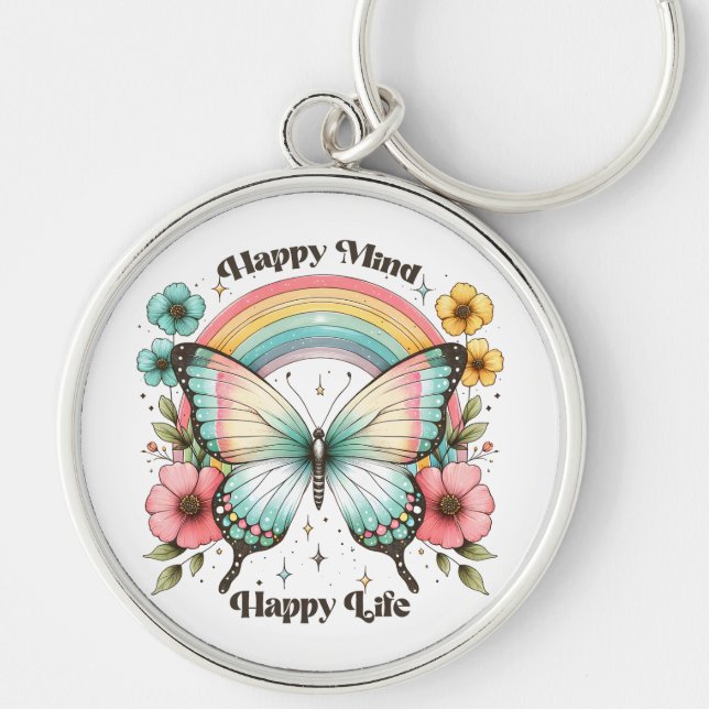 Porte-clés Pastel Hippie "Happy Mind Happy Life" (Devant)
