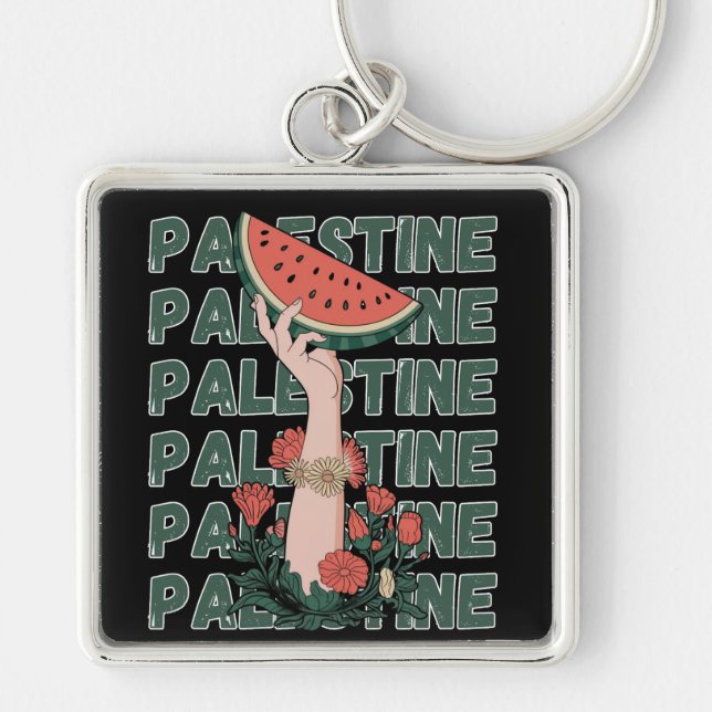 Porte-clés pastèque, fleurs et palestine Texte Répéter (Devant)