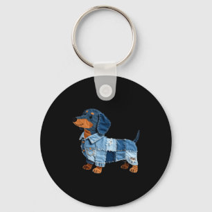 Porte-clés Patchwork de chien teckel en denim Art vintage
