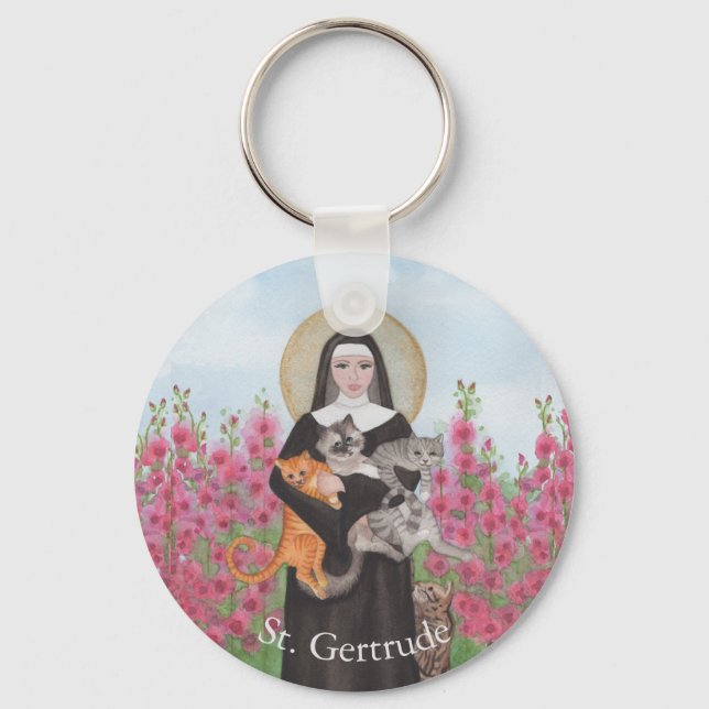 Porte-clés Patron personnalisé St Gertrude de chats aquarelle (Recto)